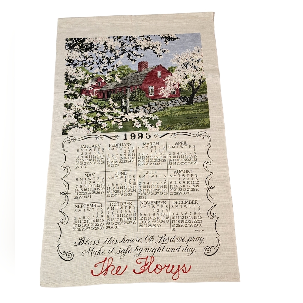 Calendar Tea Towel 1995 with The Florys embroidered in red